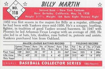 1983 Card Collectors 1953 Bowman Color Reprint #118 Billy Martin Back