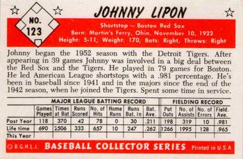 1983 Card Collectors 1953 Bowman Color Reprint #123 Johnny Lipon Back