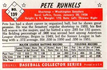 1983 Card Collectors 1953 Bowman Color Reprint #139 Pete Runnels Back