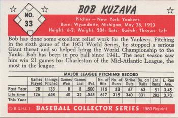 1983 Card Collectors 1953 Bowman Black & White Reprint #33 Bob Kuzava Back