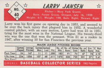 1983 Card Collectors 1953 Bowman Black & White Reprint #40 Larry Jansen Back