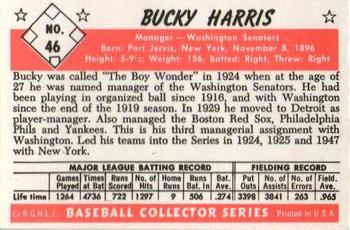 1983 Card Collectors 1953 Bowman Black & White Reprint #46 Bucky Harris Back
