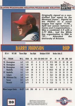 1999 Blueline Scranton/Wilkes-Barre Red Barons #20 Barry Johnson Back