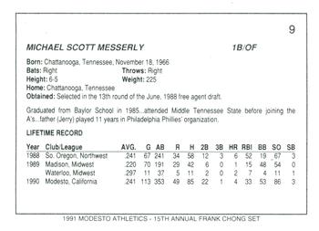 1991 Chong Modesto A's #9 Mike Messerly Back