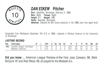 1989 Chong Modesto A's #10 Dan Eskew Back