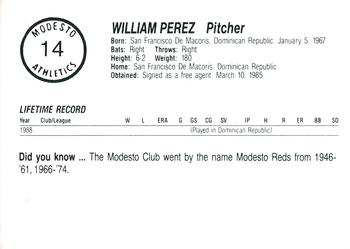 1989 Chong Modesto A's #14 William Perez Back