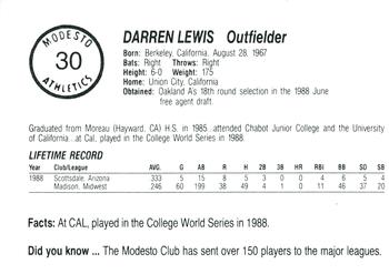 1989 Chong Modesto A's #30 Darren Lewis Back