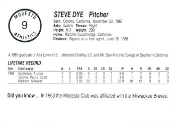 1989 Chong Modesto A's #9 Steve Dye Back