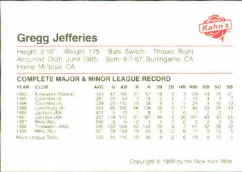 1989 Kahn's New York Mets #NNO Gregg Jefferies Back