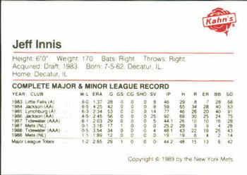 1989 Kahn's New York Mets #NNO Jeff Innis Back