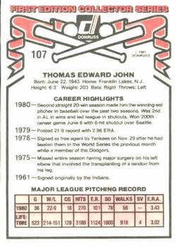 1981 Donruss #107 Tommy John Back