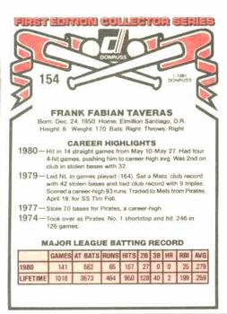 1981 Donruss #154 Frank Taveras Back