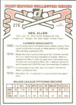1981 Donruss #276 Neil Allen Back