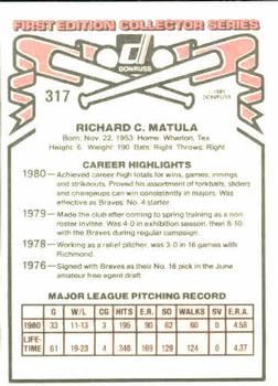 1981 Donruss #317 Rick Matula Back