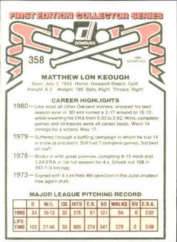 1981 Donruss #358 Matt Keough Back