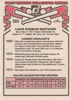 1981 Donruss #365 Lou Whitaker Back