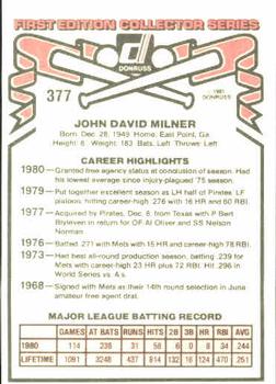 1981 Donruss #377 John Milner Back