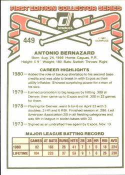 1981 Donruss #449 Tony Bernazard Back