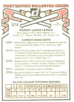 1981 Donruss #574 Randy Lerch Back