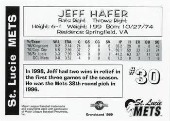 1999 Grandstand St. Lucie Mets #NNO Jeff Hafer Back