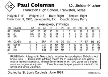1989 Little Sun High School Prospects #10 Paul Coleman Back