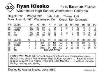 1989 Little Sun High School Prospects #20 Ryan Klesko Back