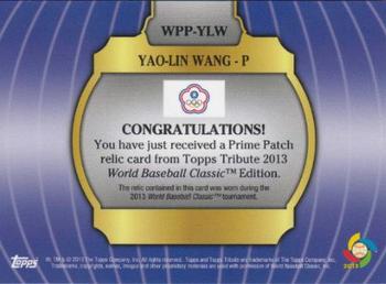 2013 Topps Tribute WBC - Prime Patches Black #WPP-YLW Yao-Lin Wang Back