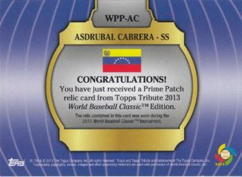2013 Topps Tribute WBC - Prime Patches Orange #WPP-AC Asdrubal Cabrera Back