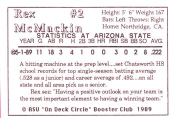 1989 Arizona State Sun Devils #NNO Rex McMackin Back
