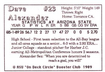 1989 Arizona State Sun Devils #NNO Dave Alexander Back