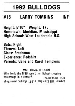 1992 Mississippi State Bulldogs #NNO Larry Tomkins Back