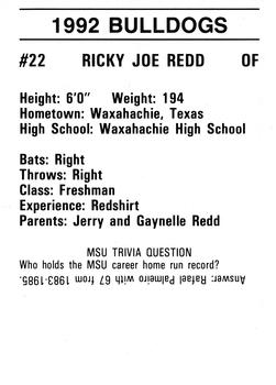 1992 Mississippi State Bulldogs #NNO Ricky Joe Redd Back