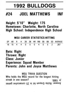 1992 Mississippi State Bulldogs #NNO Joel Matthews Back