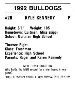 1992 Mississippi State Bulldogs #NNO Kyle Kennedy Back