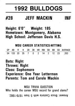 1992 Mississippi State Bulldogs #NNO Jeff Mackin Back