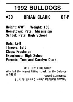 1992 Mississippi State Bulldogs #NNO Brian Clark Back