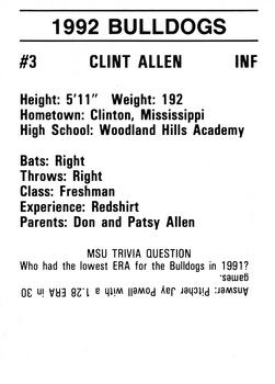 1992 Mississippi State Bulldogs #NNO Clint Allen Back