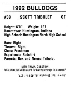 1992 Mississippi State Bulldogs #NNO Scott Tribolet Back