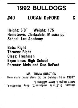 1992 Mississippi State Bulldogs #NNO Logan DeFord Back