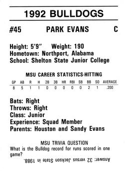 1992 Mississippi State Bulldogs #NNO Park Evans Back