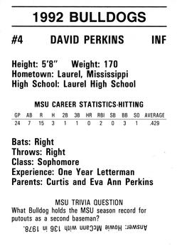 1992 Mississippi State Bulldogs #NNO David Perkins Back