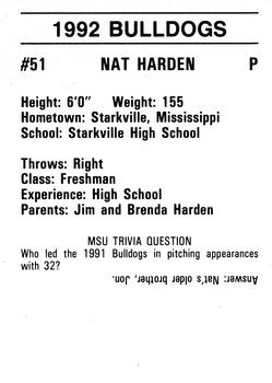 1992 Mississippi State Bulldogs #NNO Nat Harden Back