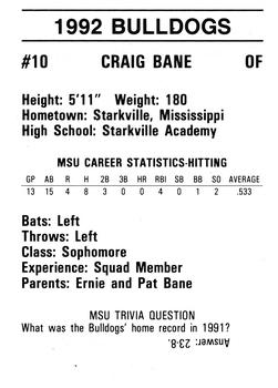 1992 Mississippi State Bulldogs #NNO Craig Bane Back