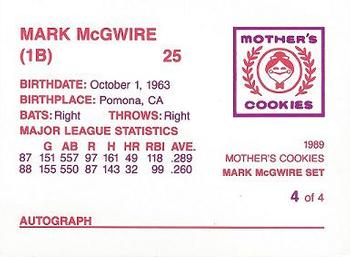 1989 Mother's Cookies Mark McGwire #4 Mark McGwire Back