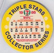 1986 7-Eleven Triple Stars Coins: Central Region #IX Willie Hernandez / Ryne Sandberg / Robin Yount Back