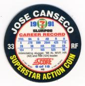 1991 Score 7-Eleven Superstar Action Coins: Atlantic Region #6 HS Jose Canseco Back