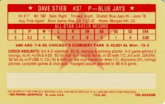 1983 Perma-Graphics All-Star Credit Cards #6 Dave Stieb Back