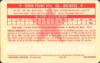 1983 Perma-Graphics All-Star Credit Cards #9 Robin Yount Back