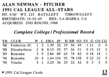 1991 Cal League All-Stars #13 Alan Newman Back