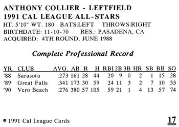 1991 Cal League All-Stars #17 Anthony Collier Back